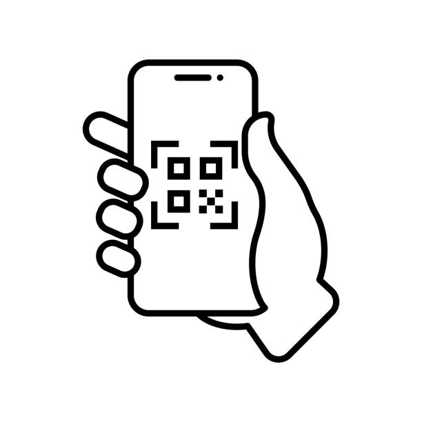 ilustraciones, imágenes clip art, dibujos animados e iconos de stock de icono lineal del escáner de teléfono inteligente con código qr. ilustración vectorial. - movil