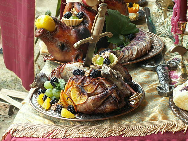 르네상스 만다린식 보관통 - medieval banquet food dinner party 뉴스 사진 이미지