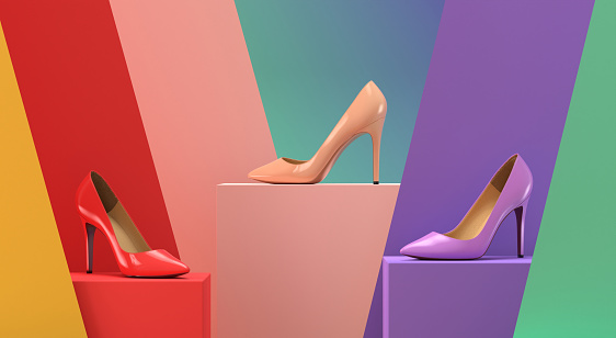 Multicolored women's shoes on a pedestal, 3D rendering illustration.