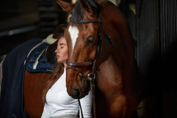 istock Smiling young woman standing inside a stable holding a saddle while preparing her chestnut horse for a ride 1358623298