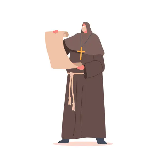 Vector illustration of Medieval Monk with Old Parchment in Hands, Historical Personage Wear Long Robe with Hood and Cross, Ancient Chronicler