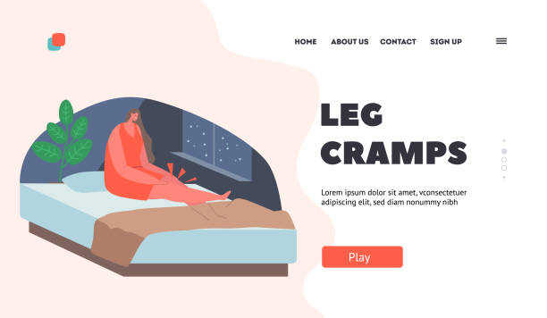 Leg Cramps Landing Page Template. Woman with Cramps in Knees in her Bedroom, Female Character Woke Up at Night Leg Cramps Landing Page Template. Woman with Cramps in Knees in her Bedroom, Female Character Woke Up in Middle of Night with Strong Pain, Muscle Fatigue, Illness. Cartoon People Vector Illustration woman feet bed stock illustrations