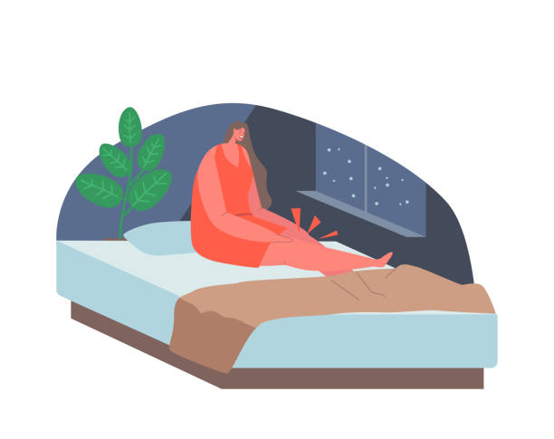 Woman with Cramps in Knees in her Bedroom, Female Character Woke Up in Middle of Night with Strong Pain, Muscle Fatigue Woman with Cramps in Knees in her Bedroom, Female Character Woke Up in Middle of Night with Strong Pain, Muscle Fatigue, Symptoms of Serious Illness, Pain in Leg. Cartoon People Vector Illustration woman feet bed stock illustrations