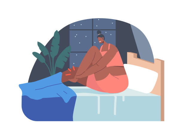Woman Wear Pajama Sitting in Bed Feeling Pain in Ankle, Female Character with Sleep Problems, Cramps, Weak Muscles Woman Wear Pajama Sitting in Bed Feeling Pain in Ankle, Female Character with Sleep Problems, Cramps, Weak Muscles, Illness, Insomnia. Girl Suffering of Disease. Cartoon People Vector Illustration woman feet bed stock illustrations