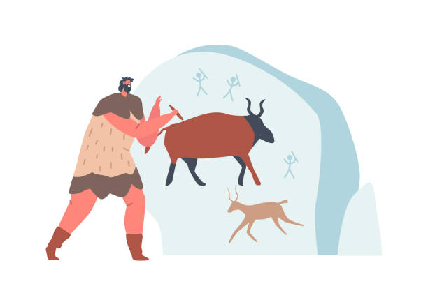 postać jaskiniowca nosząca skórę malując zwierzęta na ścianie jaskini. starożytny okres cywilizacji ludzkiej, sztuka neandertalska - ancient civilization people time visual art stock illustrations