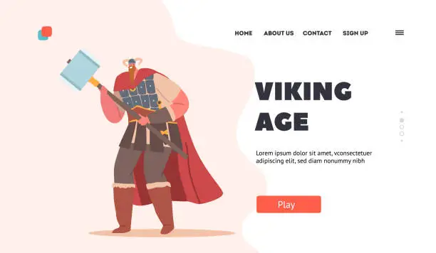 Vector illustration of Viking Age Landing Page Template. Barbarian Male Character with Long Beard Wearing Horned Helmet, Boots and Cape