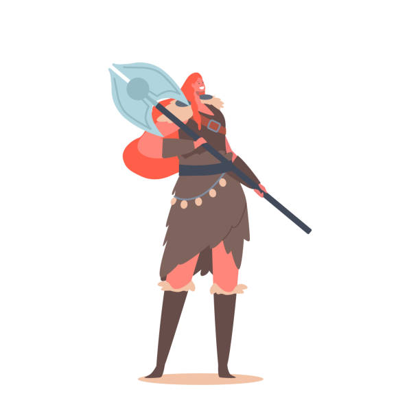 женщина-викинг, персонаж скандинавских легенд. скандинавский воин женский персонаж с рыжими волосами, носит меховое платье - battle dress stock illustrations