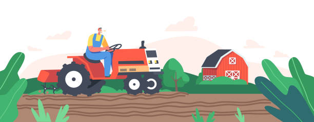 노동자 캐릭터 농업 노동자 는 씨앗을 파종에 대한 필드를 준비, 모자와 바지에 수석 농부는 트랙터에 작업 - agriculture farm people plow stock illustrations