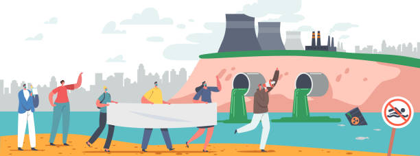 Characters Eco Protest, People with Banners Save Planet Strike Against Ecology Pollution at Factory with Smoking Pipes Characters Eco Protest, People with Banners Save Planet Strike Against Ecology Pollution at Factory with Smoking Pipes, Rubbish Floating in Polluted Ocean, Lie on Beach. Cartoon Vector Illustration climate protest stock illustrations