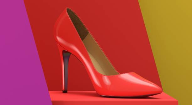 istock Multicolored women's shoe on a pedestal. 3D rendering illustration. 1358623602