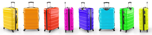 istock A set of multicolored suitcases on a white background. 3D rendering illustration. 1358623634