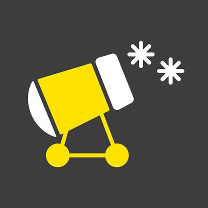 Snow cannon vector glyph icon on dark background. Winter sign. Graph symbol for travel and tourism web site and apps design, logo, app, UI
