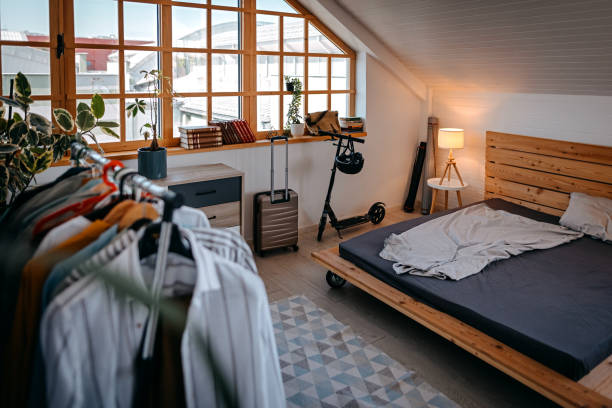 istock Modern bedroom with clothes rack 1358626705