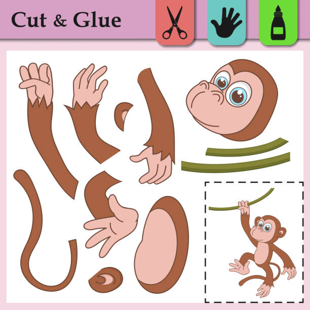 Paper game for kids. Create the applique cute Monkey. Cut and glue. Wild animal. Education logic game for preschool kids. Worksheet activity perfect for scissor practice, fine motor and cutting skills Paper game for kids. Create the applique cute Monkey. Cut and glue. Wild animal. Education logic game for preschool kids. Worksheet activity perfect for scissor practice, fine motor, cutting skills the perfect game stock illustrations