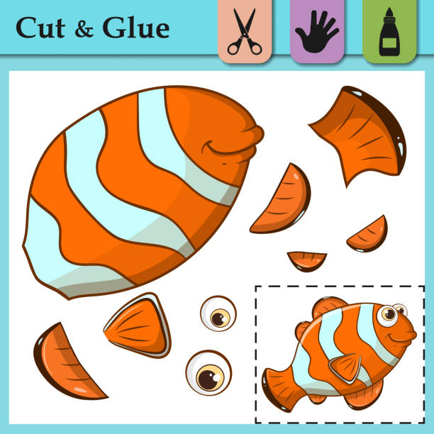 Paper game for kids. Create the applique cute Clown Fish. Cut and glue. Sea Fish. Education logic game for preschool kids. Worksheet activity perfect for scissor practice, fine motor, cutting skills. Paper game for kids. Create the applique cute Clown Fish. Cut and glue. Sea Fish. Education logic game for preschool kids. Worksheet activity perfect for scissor practice, fine motor, cutting skills the perfect game stock illustrations