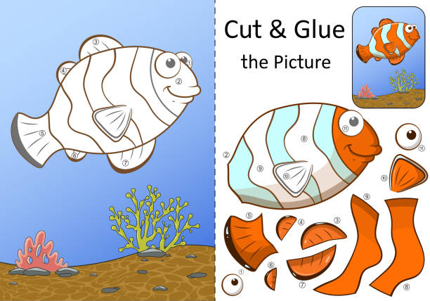 Logic paper game for kids. Sea Fish. Cut parts and glue inside the contour in numbers order. Worksheet activity perfect for practice skills coordination, motor planning, sequencing, cutting, sticking. Logic paper game for kids. Sea Fish. Cut parts and glue inside the contour in numbers order. Worksheet activity perfect for practice skills coordination, motor planning, sequencing, cutting, sticking the perfect game stock illustrations