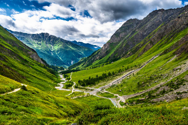 Valley With Alpine River To Mountain Peak Grossglockner In Kals In Austria