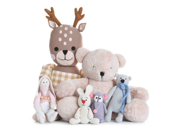 istock Different cute soft toys on white background 1358630588
