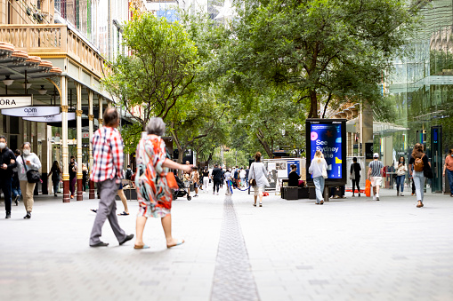 Sydney, Australia - December 12: Pitt Street mall busy with people, customers and tourists