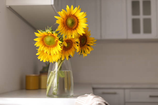 istock Vase with beautiful yellow sunflowers in kitchen, space for text 1358631240