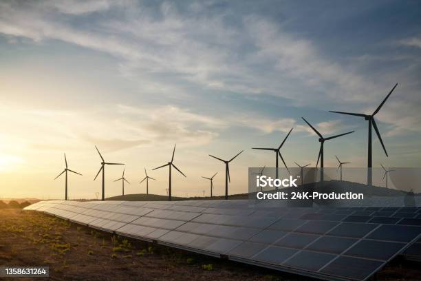 Solar And Wind Energy Farm Stock Photo - Download Image Now - Renewable Energy, Sustainable Energy, Solar Panel