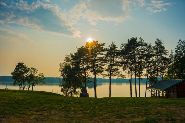 istock scenic sunset landscape over lake with tall pine trees silhouettes 1358631954