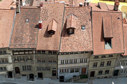 Roofs of residential buildings in the old town of Fryburg in the canton of the same name in Switzerland