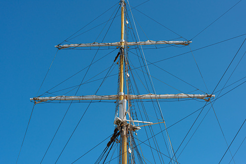 Lindesnes, Norway - August 08 2021: Rig details of sail training vessel Statsraad Lehmkuhl.