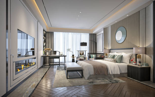 istock 3D RENDER OF MODERN HOTEL ROOM 1358636762