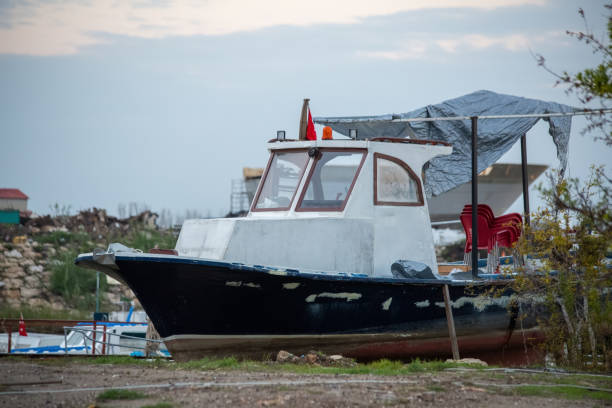 A boat landed for repair