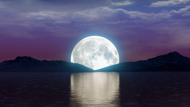 luna piena sul lago con montagne notte scena al chiaro di luna scenico paesaggio viola cielo 3d illustrazione - luna piena foto e immagini stock
