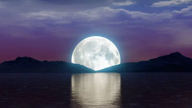 Photo of full moon over lake with mountains night scene moonlight scenic landscape purple sky 3D illustration