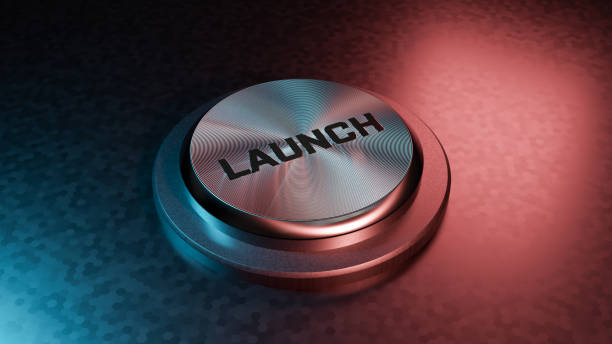 Launch Start Button Launch  - 3d rendered image shiny metallic button. Single word Launch, cut out object.
Template, copy space, design element. Abstract background. launch event photos stock pictures, royalty-free photos & images
