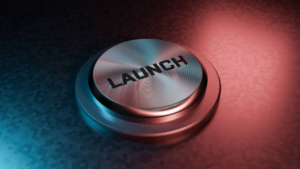 Launch Start Button Launch  - 3d rendered image shiny metallic button. Single word Launch, cut out object.
Template, copy space, design element. Abstract background. launch event stock pictures, royalty-free photos & images