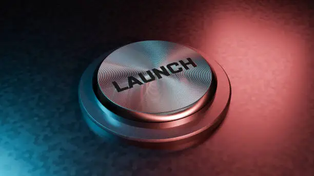 Button Launch  - 3d rendered image shiny metallic button. Single word Launch, cut out object.
Template, copy space, design element. Abstract background.