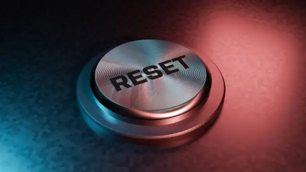 Button Reset - 3d rendered image shiny metallic button. Single word Reset, cut out object.
Template, copy space, design element. Abstract background.