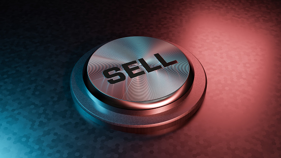 Button Sell - 3d rendered image shiny metallic button. Single word Sell, cut out object.
Template, copy space, design element. Abstract background.