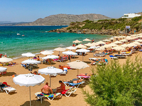 Sandy beach in Pefkos or Pefki , on the Greek Island of Rhodes