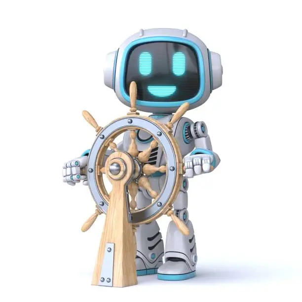 Cute blue robot hold ship wheel 3D rendering illustration isolated on white background