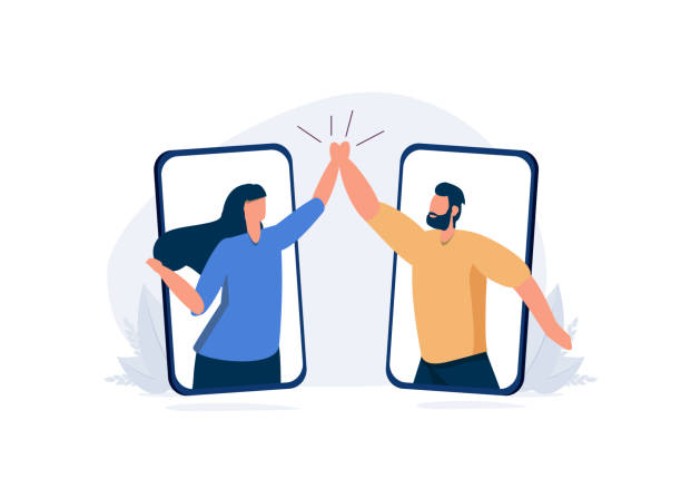 Virtual hi five for success collaboration, remote working or online greeting for business achievement, online video. Virtual hi five for success collaboration, remote working or online greeting for business achievement, online video conference concept, happy businessman and businesswoman hi five from mobile phone. genetic modification stock illustrations