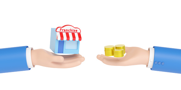 Cartoon hands with franchise store and money isolated on white background. 3d illustration.