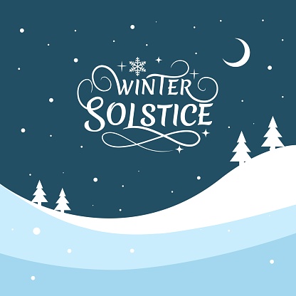 Vector typography, winter solstice, on snowy landscape background, elements for invitations, templates, posters, greeting cards.