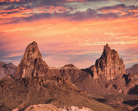 Big Bend's Iconic Mule Ears mountain formation at sunset