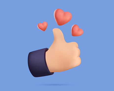 Hand symbol like approved and red heart love. Realistic 3d cartoon style design. Social media Creative concept idea. Vector illustration. Thumb up like icon. Good, ok or follow symbol vector.