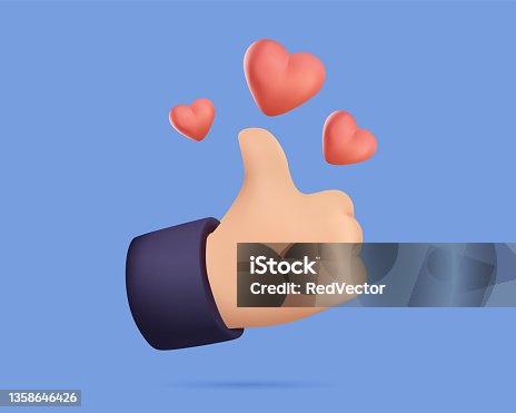 istock Hand symbol like approved and red heart love. Realistic 3d cartoon style design. Social media Creative concept idea. 1358646426