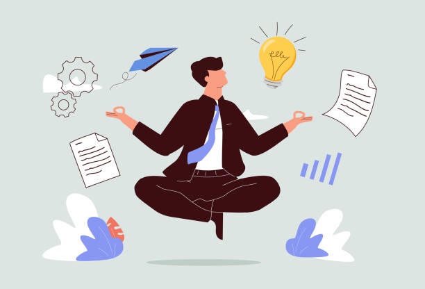 Self discipline or self control to complete work or achieve business target, time management to increase productivity. Self discipline or self control to complete work or achieve business target, time management to increase productivity concept, businessman meditate balancing clock and calendar on completed task paper pics of a bewitched stock illustrations