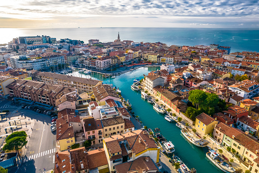Town of Grado colorful architecture and channels aerial view, Friuli-Venezia Giulia region of Italy