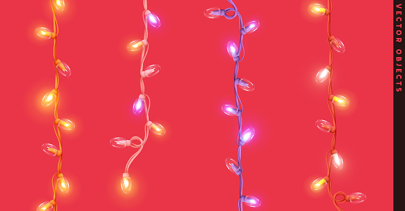 Set of Christmas decorative garlands. New Year's decorations. Light strips with lamps. Neon led bulb. Xmas design elements. Realistic 3d Festive objects isolated. Vector illustration