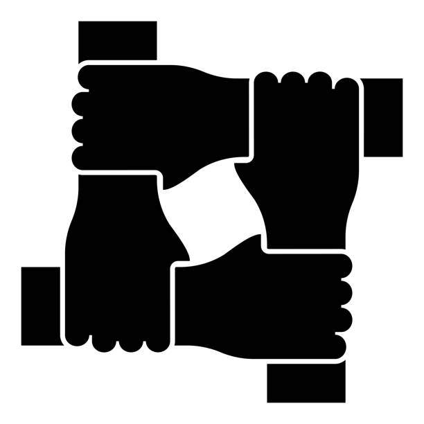 illustrations, cliparts, dessins animés et icônes de quatre mains ensemble concept travail d’équipe uni chef d’équipe bras imbriqués les uns avec les autres sur le poignet conjointement icône de collaboration couleur noire couleur vectorielle illustration image de style plat - quatre main