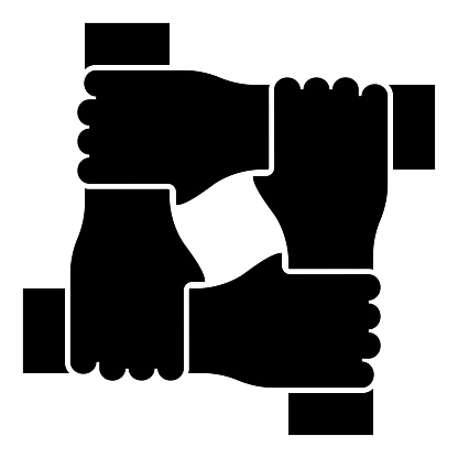 Four hands together concept teamwork united teamleading Arm interlocking with each other on wrist jointly collaboration icon black color vector illustration flat style simple image